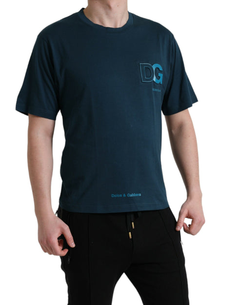 Dolce & Gabbana Blue Cotton Logo Patch Round Neck T-shirt
