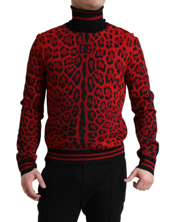 Dolce & Gabbana Red Leopard Print Turtleneck Pullover Sweater