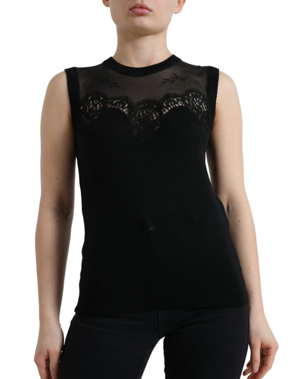 Dolce & Gabbana Black Cashmere Lace Trim Sleeveless Tank Top