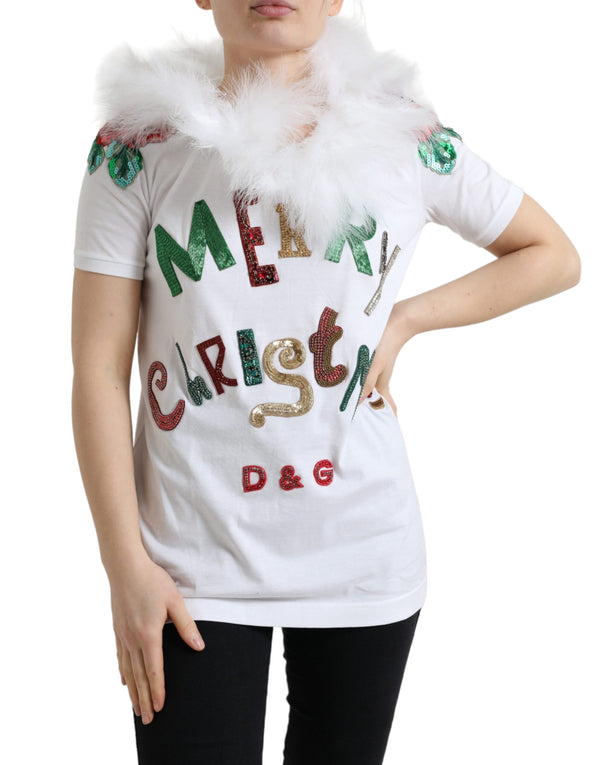 Dolce & Gabbana White Cotton Christmas Sequin Fur T-shirt