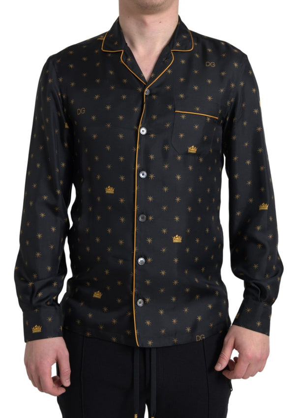 Dolce & Gabbana Black Gold Printed Men Pajama Silk Shirt