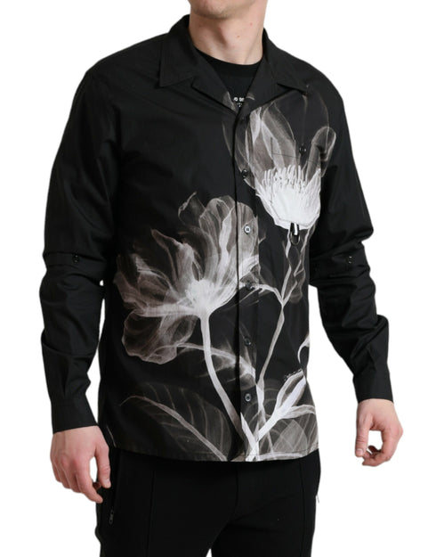 Dolce & Gabbana Black Floral Cotton Collared Long Sleeves Men Shirt