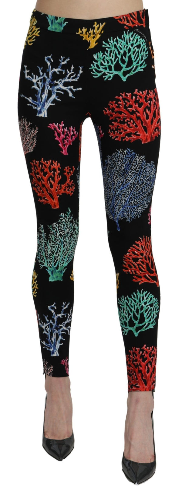 Dolce & Gabbana Black Coral Tights Silk Stretch Slim Fit Pants