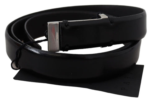 PLEIN SUD Black Leather Silver Chrome Metal Buckle Belt