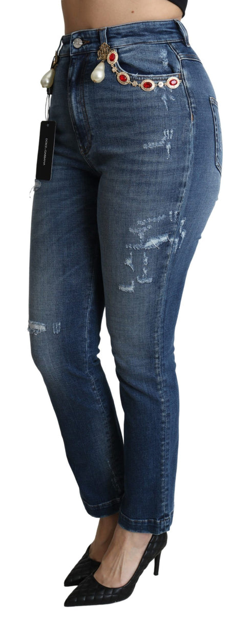 Dolce & Gabbana Blue Crystal Embellished Slim Fit Pants Jeans