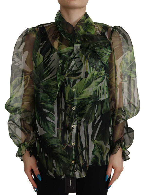 Dolce & Gabbana Green Banana Leaf Silk Top Shirt Blouse
