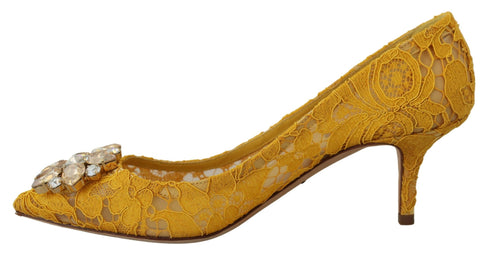 Dolce & Gabbana Yellow Taormina Lace Crystal Heels Pumps Shoes