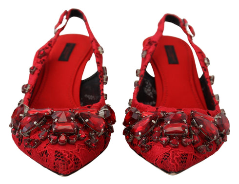 Dolce & Gabbana Red Crystals Heel Slingback Mary Jane Shoes