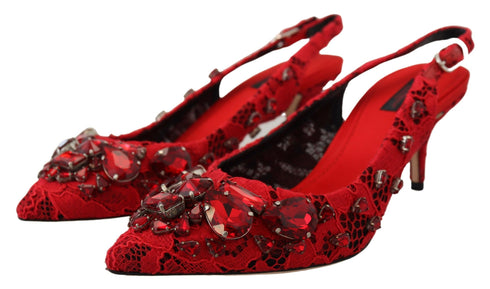 Dolce & Gabbana Red Crystals Heel Slingback Mary Jane Shoes