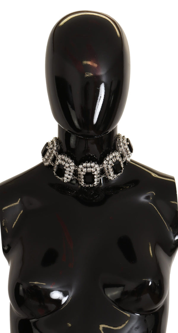 Dolce & Gabbana Silver Chain Black Clear Crystal Choker Pendant Necklace