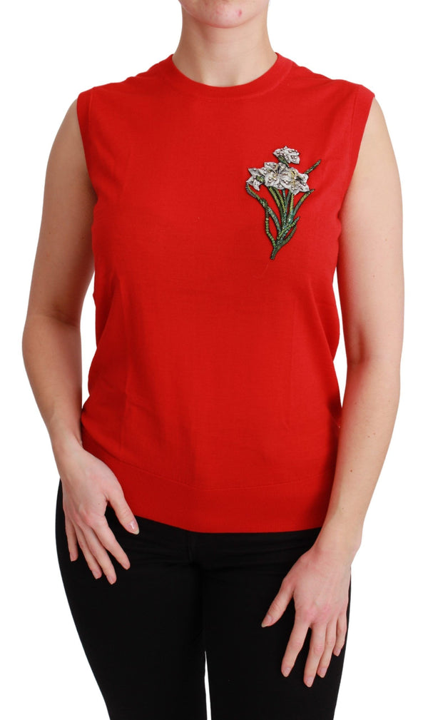 Dolce & Gabbana Red Tank Vest Crystal Flower Wool Top