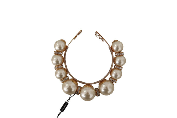 Dolce & Gabbana Gold Brass Crystal Faux Pearl Crown Logo Tiara Diadem