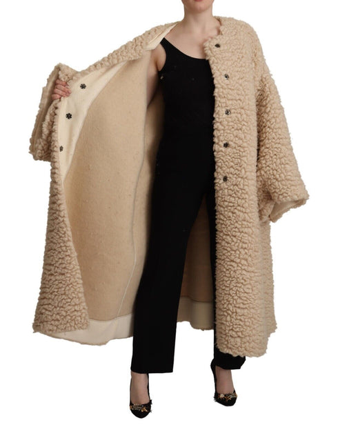 Dolce & Gabbana Beige Cashmere Wool Faux Fur Coat Jacket